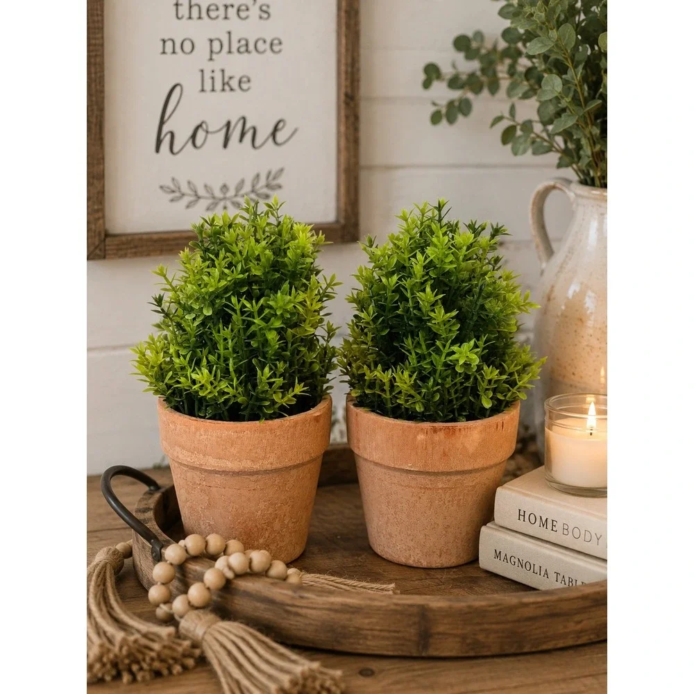 Set of 2 Artificial Boxwood Topiary Plants in Rustic Terracotta Pots 6 Inch
